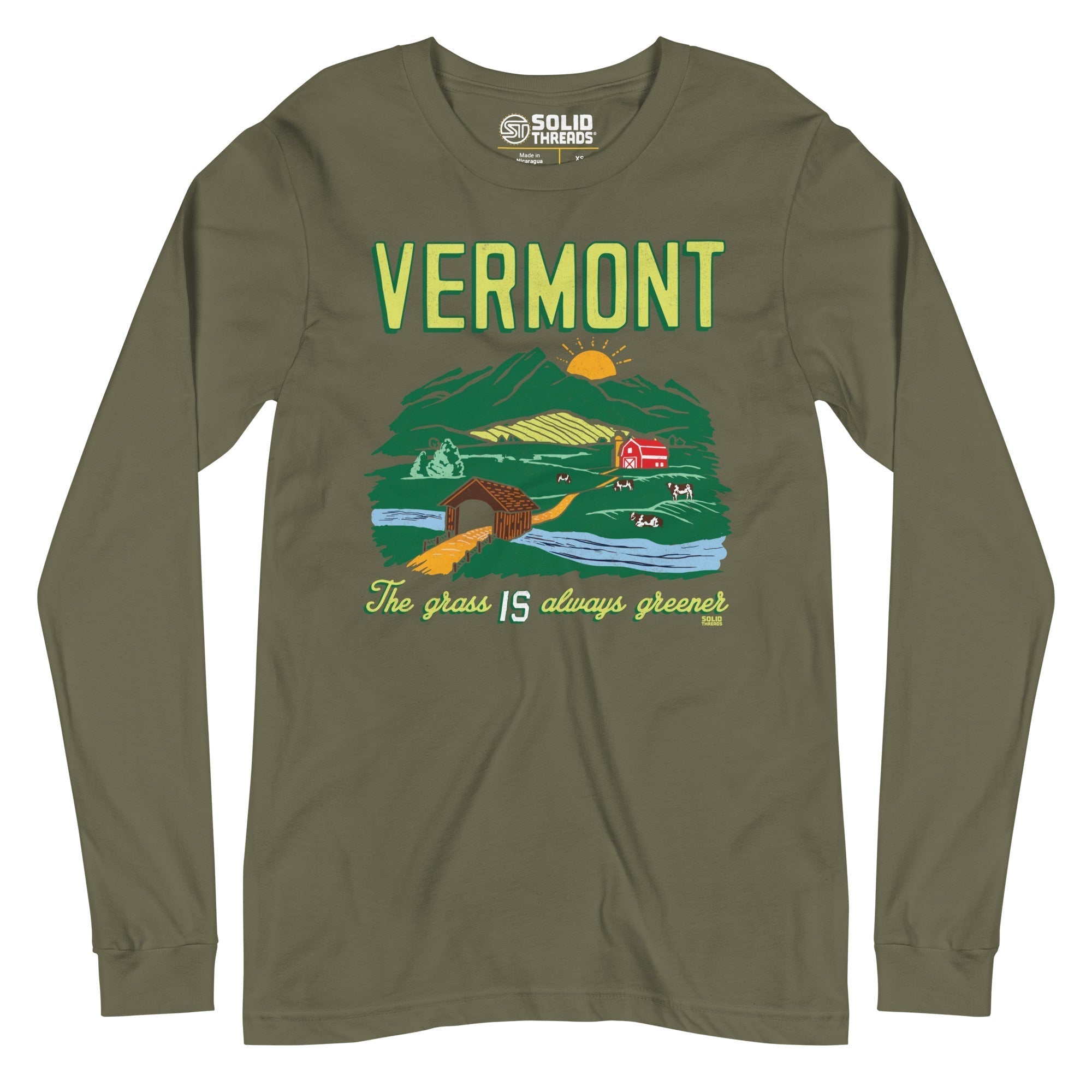 Vermont The Grass Is Always Greener Cool Long Sleeve T Shirt | Vintage Green Mountains Graphic Tee | Solid Threads