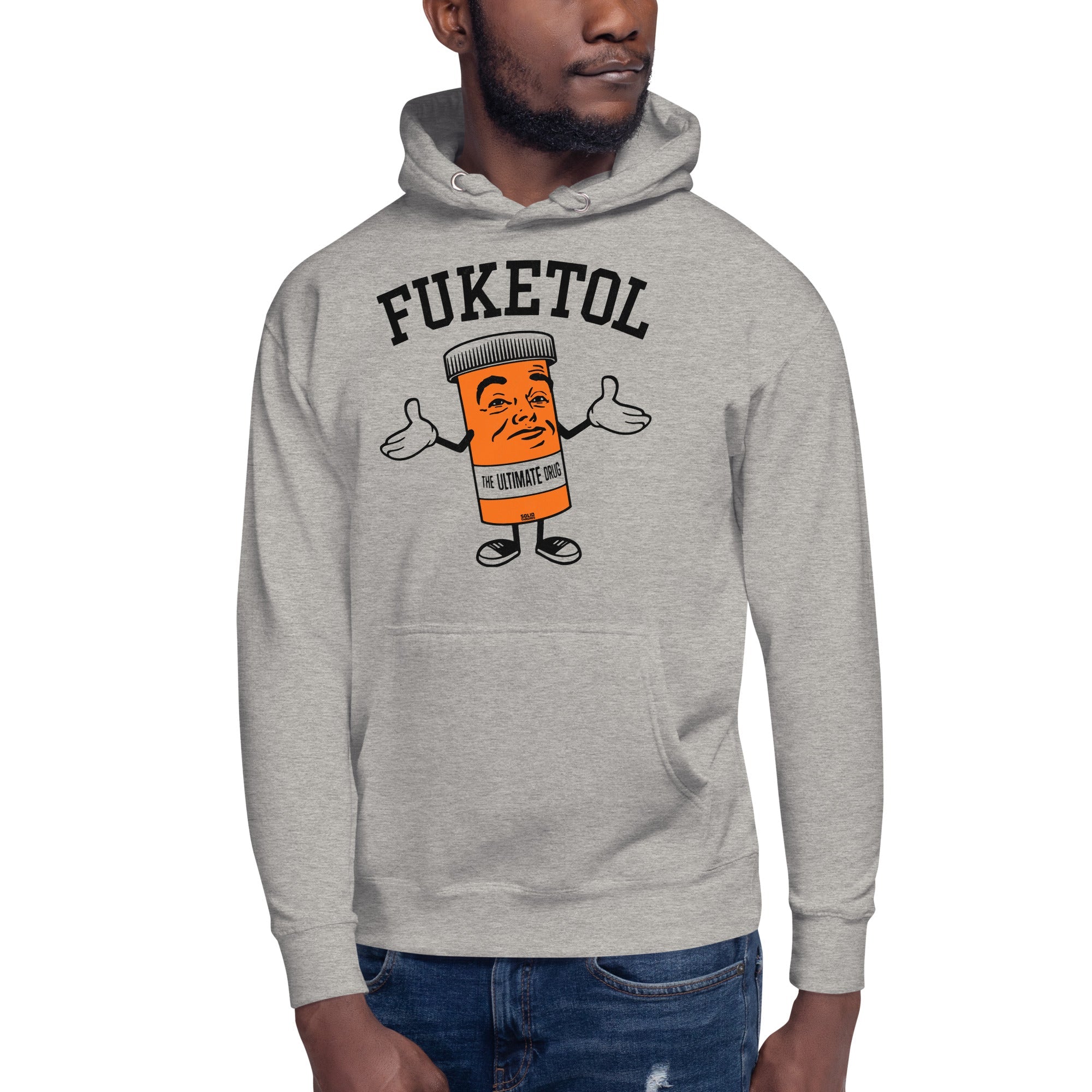 Fuketol Retro Classic Pullover Hoodie | Funny Pill Bottle Fleece | Solid Threads