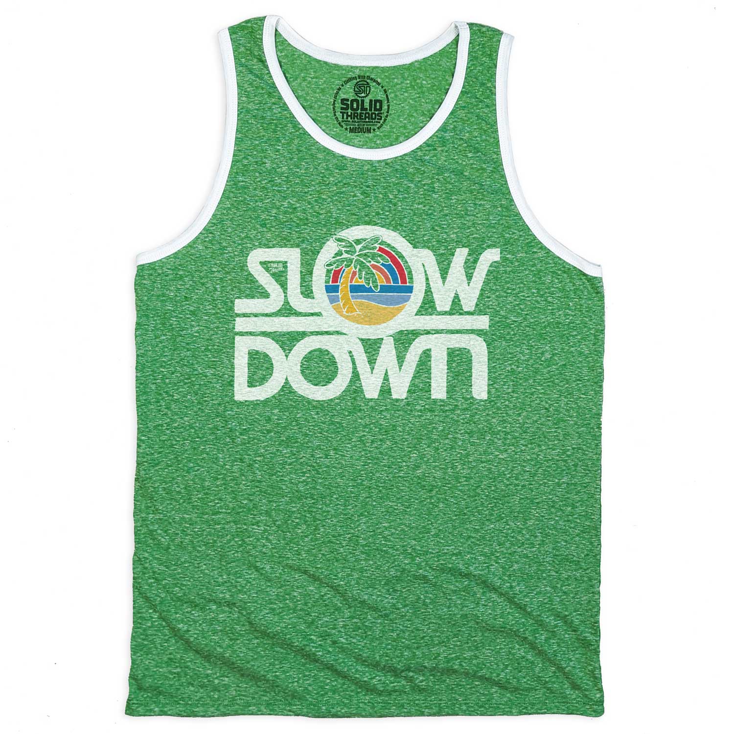 Men's Slow Down Vintage Graphic Tank Top | Retro Beach Vacation Sleeveless Shirt | Solid Threads