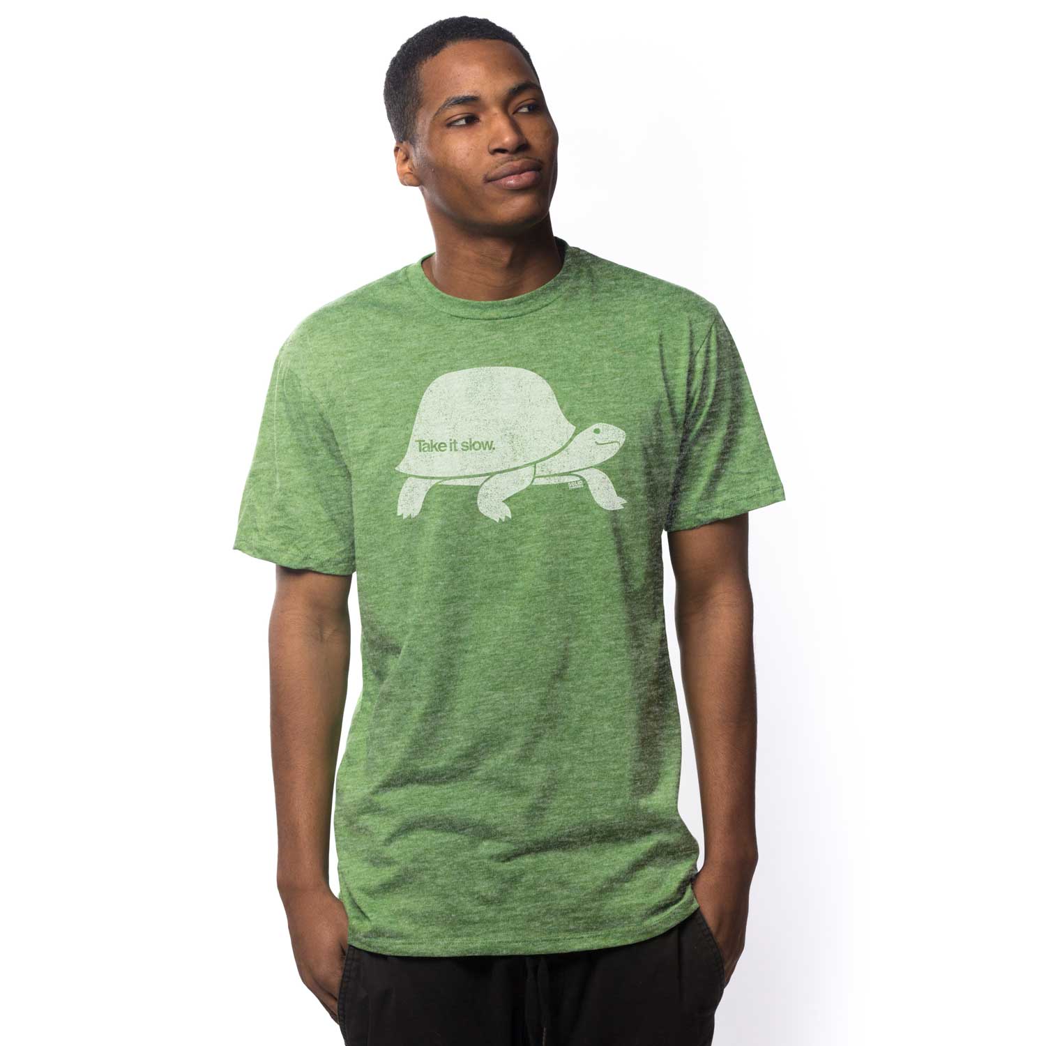 Men's Take It Slow Retro Turtle Graphic T-Shirt | Cool Mindfulness Triblend T-Shirt | Solid Threads