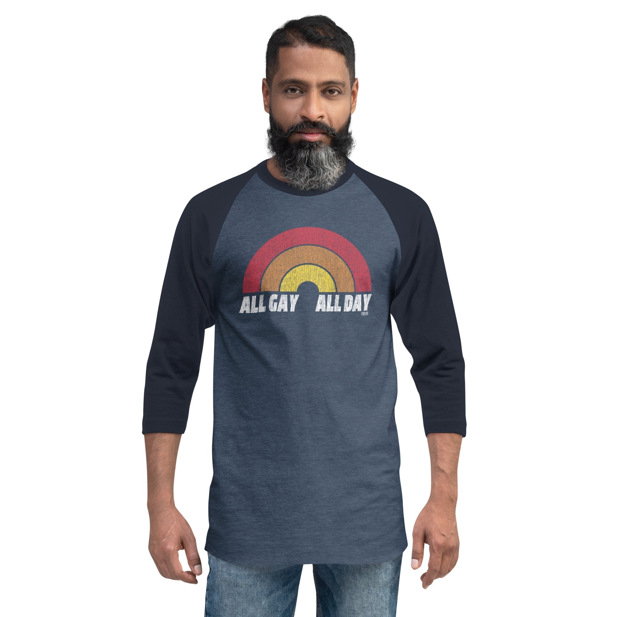 All Gay All Day Vintage Baseball Long Sleeve T Shirt | Retro Pride Graphic Tee | Solid Threads